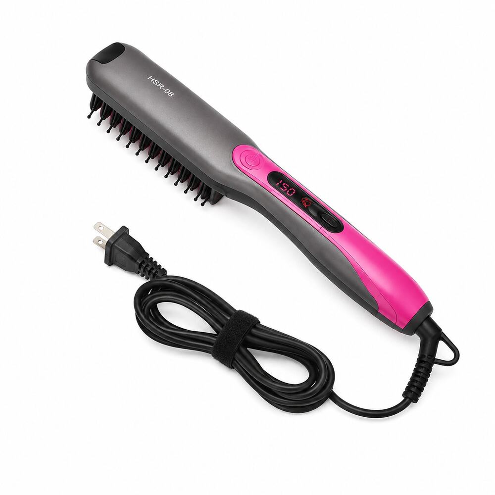 HSR-08 Hair Straightener Brush with LCD Temperature Display- Gray/Pink